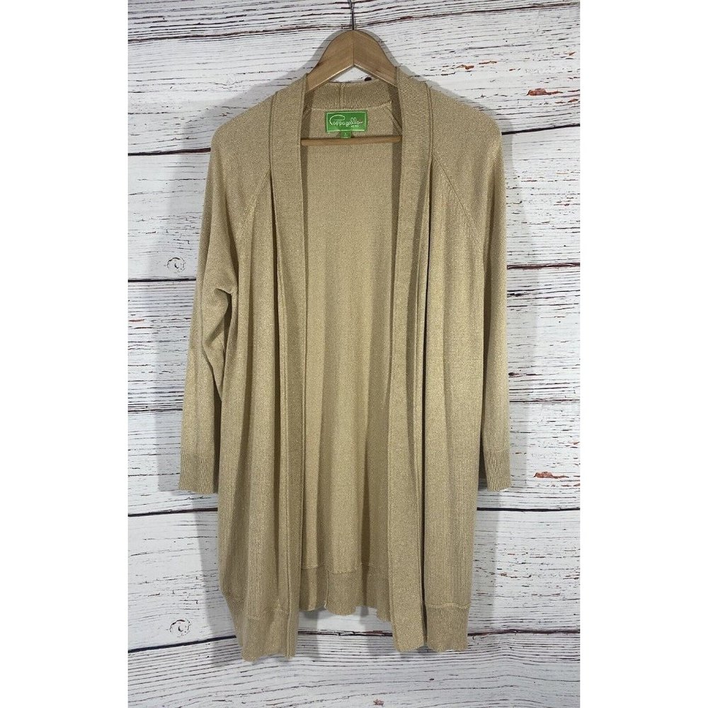 Pappagallo Open Cardigan Womens Sz Large Gold Glitter Holiday Long Duster